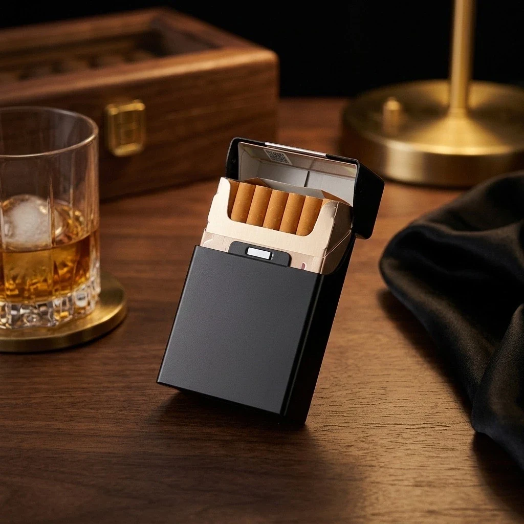 A Kivella case with a whole cigarette pack inside, beside a glass of whisky