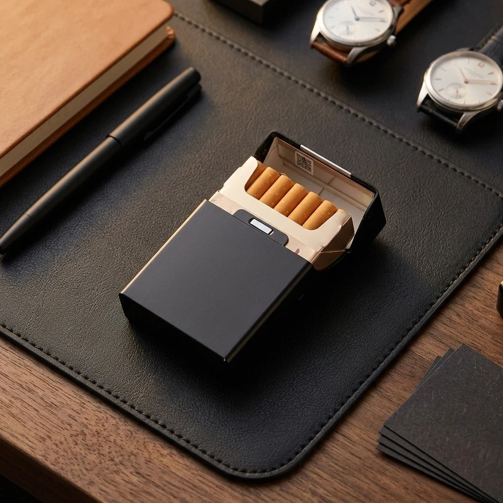 A Kivella case on a leather desk mat with a whole cigarette pack inside