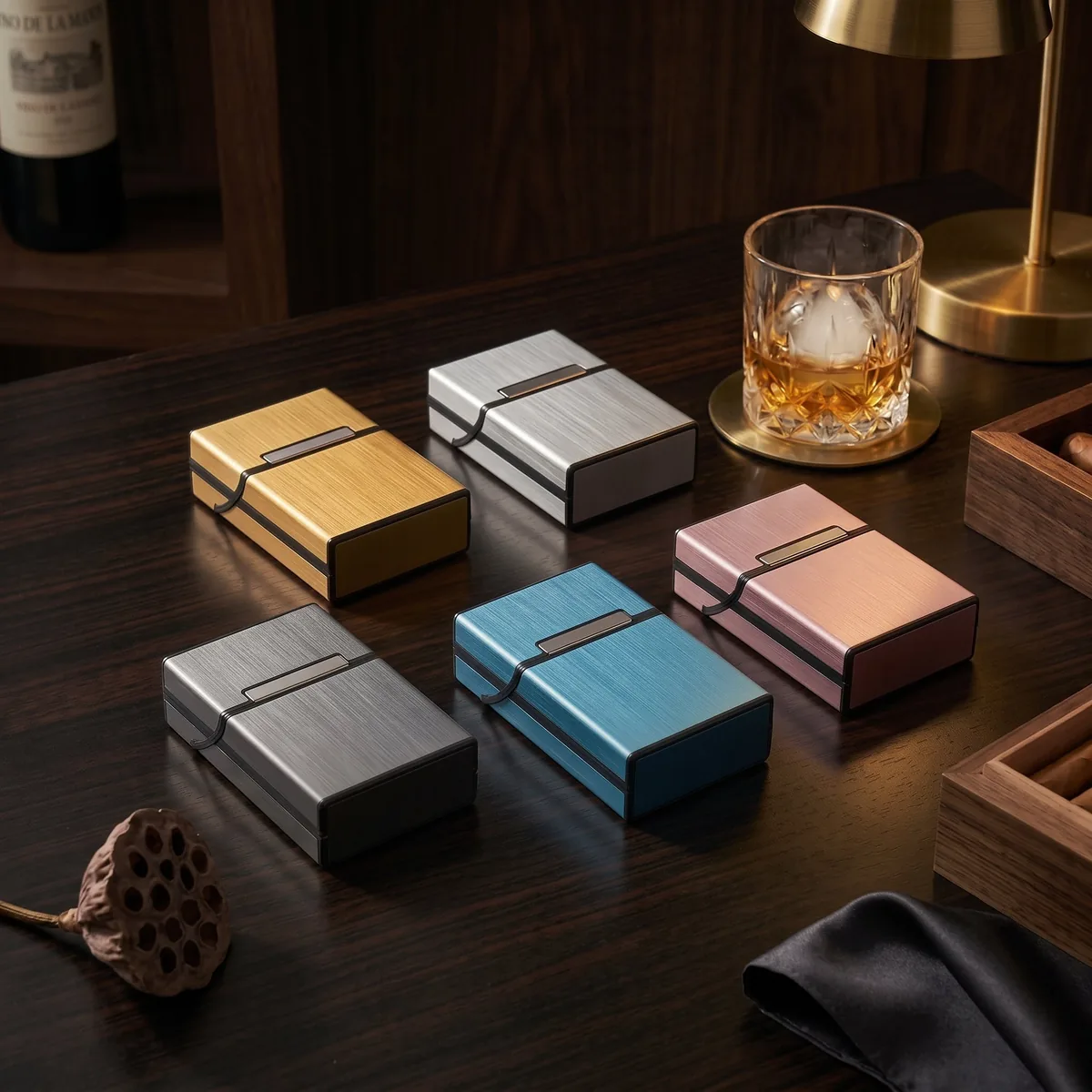 Five Magnet Cases beside a glass of whisky on a dark wood desk